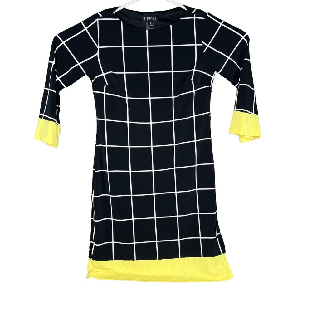 Enfocus Studio Dress Womens 8 Black White Squares Yellow Cuff & Hem Knee Length